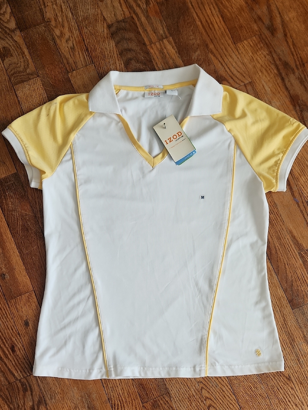 Izod Women's White Polo Top with Yellow Accents